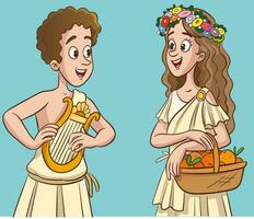 grego mulher e homem com harpa e cesta do frutas. vetor ilustração