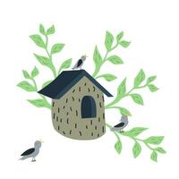 mão desenhado ilustração do Casa de passarinho com estorninho pássaros cantando em uma ramo. vetor ilustração em uma branco fundo.