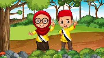 Brunei Kids usa roupas tradicionais no cenário da floresta vetor