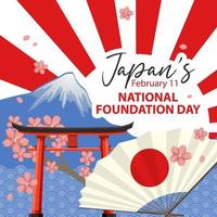 banner do dia da fundação nacional do Japão com monte fuji e portão torii vetor