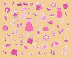 uma conjunto do adesivos do moda Itens e acessórios para meninas dentro Rosa. vetor