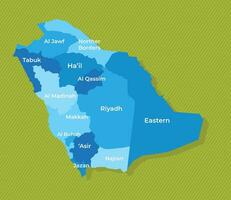 saudita arábia mapa com nomes do a regiões azul político mapa verde fundo vetor ilustração