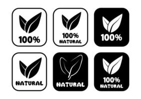 Emblemas redondos 100% naturais. conjunto de carimbos redondos com folhas no interior para produto com ingredientes naturais. ícones de alimentos saudáveis. etiqueta do círculo da planta. vetor