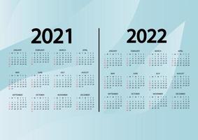 calendário 2021-2022 anos. a semana começa no domingo. calendário anual de 2021, modelo de 2022. calendário de parede com fundo azul abstrato. domingo em cores vermelhas. vetor