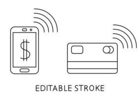 conceito de pagamento sem contato. pagamento usado cartão de crédito sem fio ou smartphone. tecnologia NFC. caixa de transações com cartão de crédito. caixa móvel pós-pago. curso editável. vetor