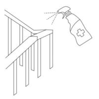 desinfecção de corrimãos. corrimão e spray antibacteriano. sinal de saneamento e higiene. desinfete o corrimão com spray desinfetante. esterilização doméstica, limpeza de superfície, limpeza doméstica vetor