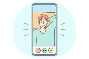 moderno Smartphone com sorridente jovem homem em tela em vídeo chamar. feliz masculino conversa em Webcam em Móvel telefone. conectados comunicação. vetor ilustração.