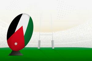 Jordânia nacional equipe rúgbi bola em rúgbi estádio e objetivo Postagens, preparando para uma multa ou livre chute. vetor