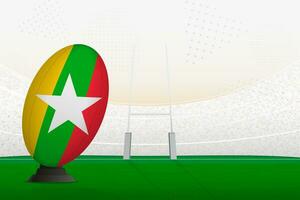 myanmar nacional equipe rúgbi bola em rúgbi estádio e objetivo Postagens, preparando para uma multa ou livre chute. vetor