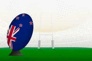Novo zelândia nacional equipe rúgbi bola em rúgbi estádio e objetivo Postagens, preparando para uma multa ou livre chute. vetor