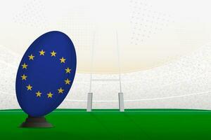europeu União nacional equipe rúgbi bola em rúgbi estádio e objetivo Postagens, preparando para uma multa ou livre chute. vetor