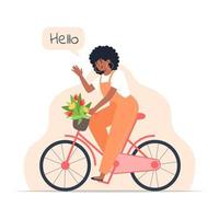 uma jovem anda de bicicleta com um buquê de flores em uma cesta vetor