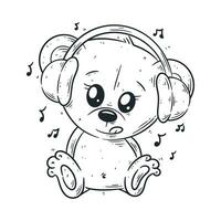 fofa Urso vestindo uma fone de ouvido e ouvindo para música para coloração vetor