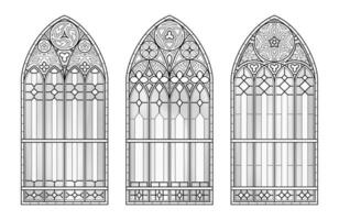 vidro Igreja janelas. católico Preto e branco arcos. vetor