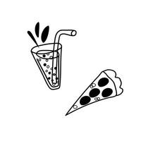 vetor ilustração rabisco Preto contorno limonada com uma Palha e uma peça do pizza. velozes Comida ícones. Projeto para rede projeto, embalagem, cartões postais, panfletos, etiquetas