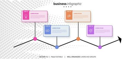 linha degrau infográfico. 4 opções fluxo de trabalho diagrama, círculo Linha do tempo número infográfico, processo passos gráfico. linear vetor infográficos. processo ordem infográfico seta e passos ponto ilustração