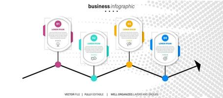 linha degrau infográfico. 4 opções fluxo de trabalho diagrama, círculo Linha do tempo número infográfico, processo passos gráfico. linear vetor infográficos. processo ordem infográfico seta e passos ponto ilustração