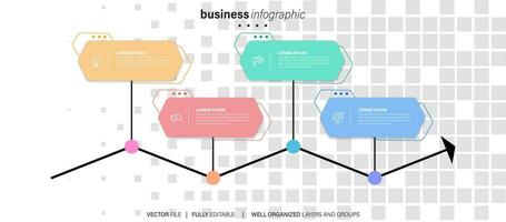 conceito do o negócio modelo com 4 sucessivo passos. quatro colorida gráfico elementos. Linha do tempo Projeto para folheto, apresentação. infográfico Projeto disposição vetor