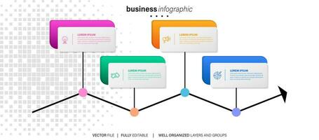 conceito do o negócio modelo com 4 sucessivo passos. quatro colorida gráfico elementos. Linha do tempo Projeto para folheto, apresentação. infográfico Projeto disposição vetor