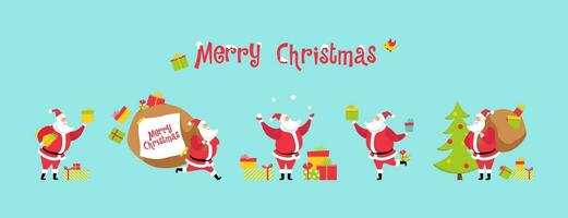 Natal conjunto santa claus dentro diferente poses, com uma bolsa, presentes, Natal árvore, bolas de neve. alegre Natal. vetor ilustração dentro plano estilo.