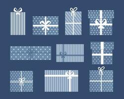 conjunto de caixas de presente de natal em um fundo azul. projeto azul e branco. elementos de decoração, vetor