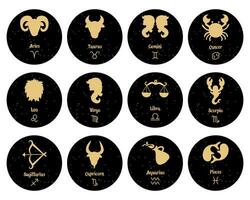 conjunto de signos do zodíaco, signos de ouro sobre um fundo preto redondo. ícones do horóscopo, vetor