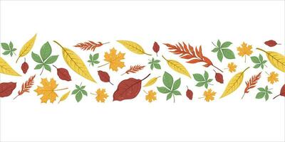 desatado horizontal padronizar com outono outono folhas dentro bege, vermelho, marrom, verde e amarelo. perfeito bandeira para papel de parede, invólucro papel, rede sites, fundo, social meios de comunicação, blog e cumprimento cartões. vetor
