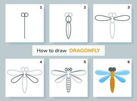 desenhando tutorial. quão para desenhar libélula. Educação e atividade página para pré escola e escola crianças. crianças planilha. degrau de degrau arte lições com inseto. vetor ilustração.