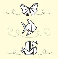 origami definir. peixe, cisne e borboleta desenhando vetor