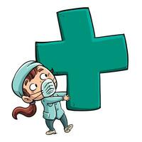 enfermeira menina com gigante verde Cruz vetor