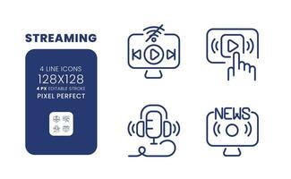 transmissão linear Área de Trabalho ícones definir. multimídia contente. conectados entretenimento. notícia transmissão. pixel perfeito 128x128, esboço 4 px. isolado do utilizador interface elementos pacote para local na rede Internet. editável acidente vascular encefálico vetor