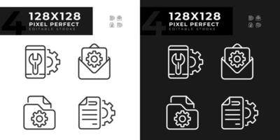 configuração pixel perfeito linear ícones conjunto para escuro, luz modo. Smartphone reparar serviço. Arquivo gerenciamento. fino linha símbolos para noite, dia tema. isolado ilustrações. editável acidente vascular encefálico vetor