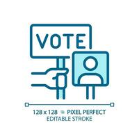 2d pixel perfeito azul ícone do mão segurando voto sinal, vetor ilustração representando votação, editável eleição símbolo.