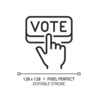 pixel perfeito fino linha ícone do mão pressionando voto, vetor ilustração representando votação, editável eleição placa.