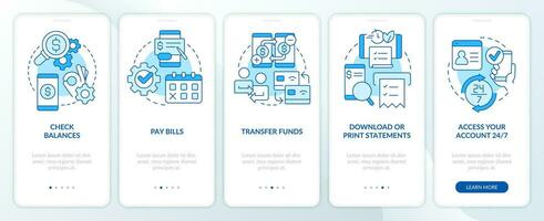 internet bancário benefícios azul onboarding Móvel aplicativo tela. rede carteira passo a passo 5 passos editável gráfico instruções com linear conceitos. interface do usuário, ux, gui modelo vetor