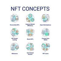 nft conceito ícones definir. blockchain tecnologia. fazer dinheiro dentro ciberespaço idéia fino linha cor ilustrações. isolado símbolos. editável acidente vascular encefálico vetor