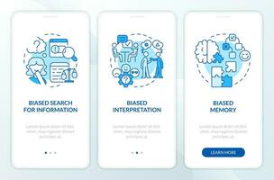 tipos do cognitivo viés azul onboarding Móvel aplicativo tela. passo a passo 3 passos editável gráfico instruções com linear conceitos. interface do usuário, ux, gui modelo vetor