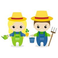 Garoto e menina agricultor desenho animado estilo. conjunto do fofa desenho animado crianças dentro profissões. vetor ilustração