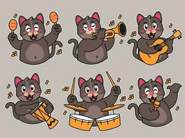 Preto gato desenho animado adesivo jogando música vetor