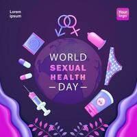 mundo sexual saúde dia. anticoncepcionais, gênero símbolos, mulheres calcinhas, medicação em 3d vetor fundo. adequado para eventos e saúde