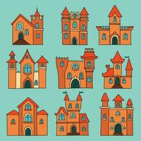 conjunto do castelos dentro colori esboço estilo. vetor ilustração. laranja castelo a partir de fada conto.
