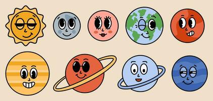 engraçado desenho animado planetas do solar sistema personagens. mercúrio, Vênus, terra, Marte, Júpiter, Saturno, Urano, Netuno groovy adesivo pacote. quadrinho elementos dentro na moda retro desenho animado estilo. vetor ilustração