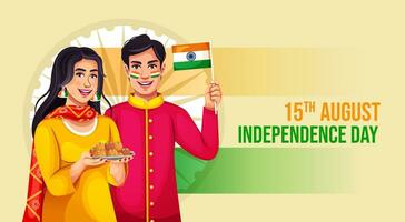 feliz independência dia Índia celebração 15 agosto, homem elevação indiano bandeira cumprimento poster, vetor. vetor