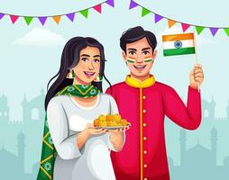 orgulhoso indiano jovem pessoas a comemorar independência ou república dia do Índia. pessoas dentro indiano étnico pano segurando bandeira. vetor