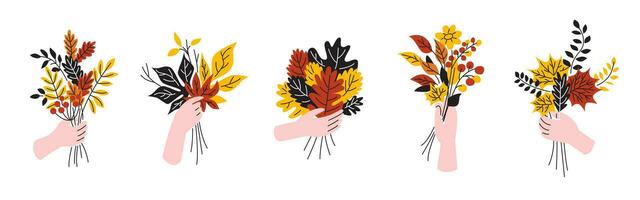 uma conjunto do outono composições. a mão detém uma ramalhete com amarelo folhas. dedos e uma ramalhete do laranja galhos. outono folhas vetor