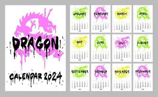 calendário do 2024. chinês Novo ano. a ano do a Dragão dentro a grunge estilo, tatuagens, grafite com manchas. vetor