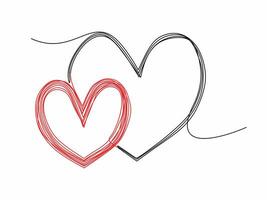 dois ligado coração, contínuo 1 linha desenho. dois coração conectado. mão retirou, simples e minimalista ilustração do amar. vetor