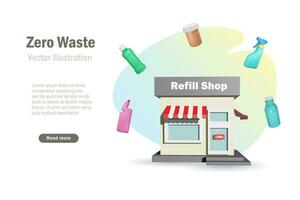 reabastecer fazer compras para zero desperdício, sustentável meio Ambiente com reutilizável containers. distribuidores para mercearia e consumidor produtos. Novo alternativo tendência para pequeno negócios. 3d vetor. vetor