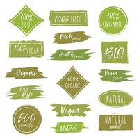 fresco saudável orgânico vegano Comida logotipo etiquetas e Tag. vetor mão desenhado ilustração. eco verde logotipo. natural, eco amigável, não OGM, orgânico glúten livre adesivos.