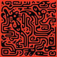 vermelho e Preto padronizar com uma Preto gráfico projeto, dentro a estilo do psicodélico néon, ondulado linha estilo, inspirado em escher, geométrico caos, em forma tela, negrito quadra impressões, criação de abstração vetor